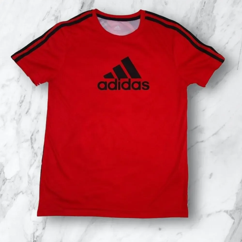 Red Adidas Black Striped Athletic Tee Youth Size Large
